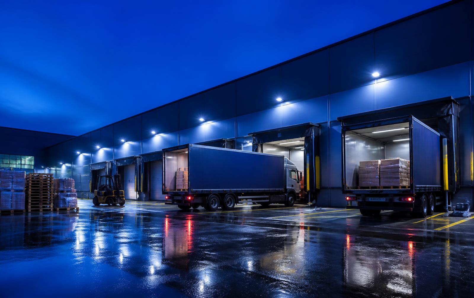 Trucks loading at a distribution center dock at dusk