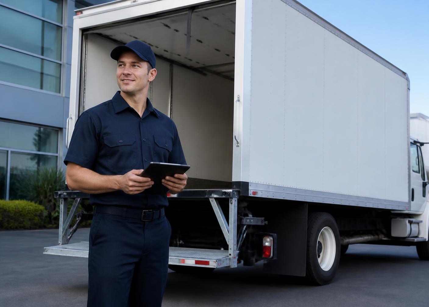 Driver in uniform preparing a box truck for a delivery route