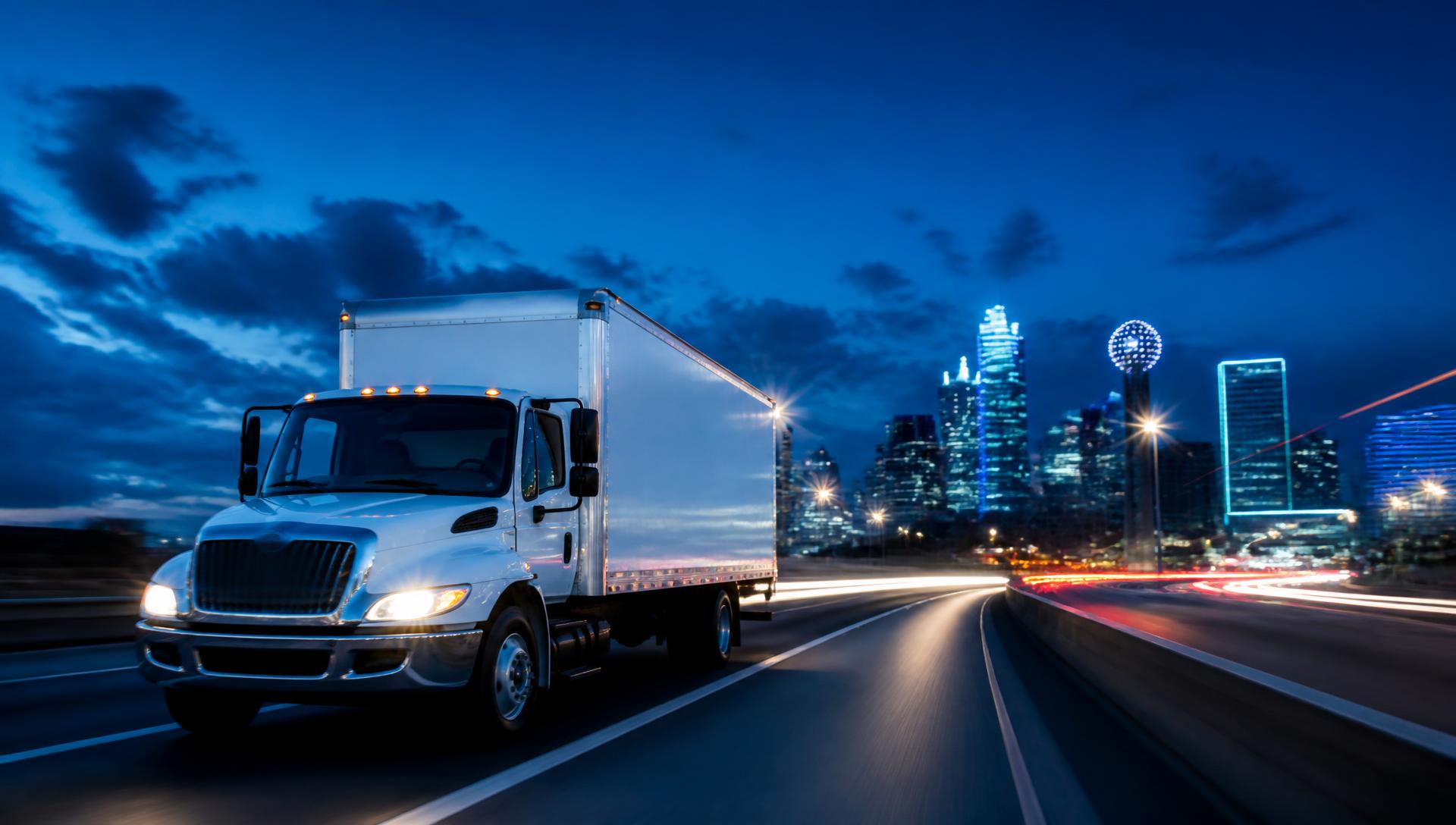 Box truck traveling a highway at dusk near the Dallas skyline