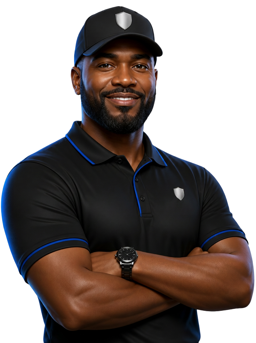Illustrated portrait of Timmie Seals, founder of TCS Transportation, in a black TCS cap and polo